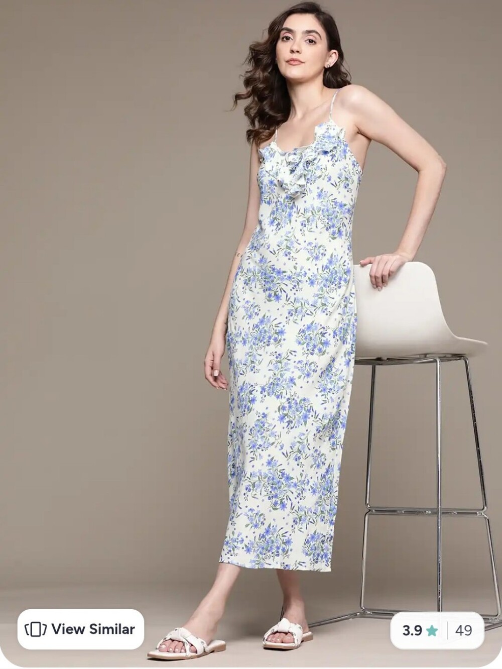 💠☀️🧳Mango Blue Florals White Midi Dress with Ruffles & Adjustable Straps